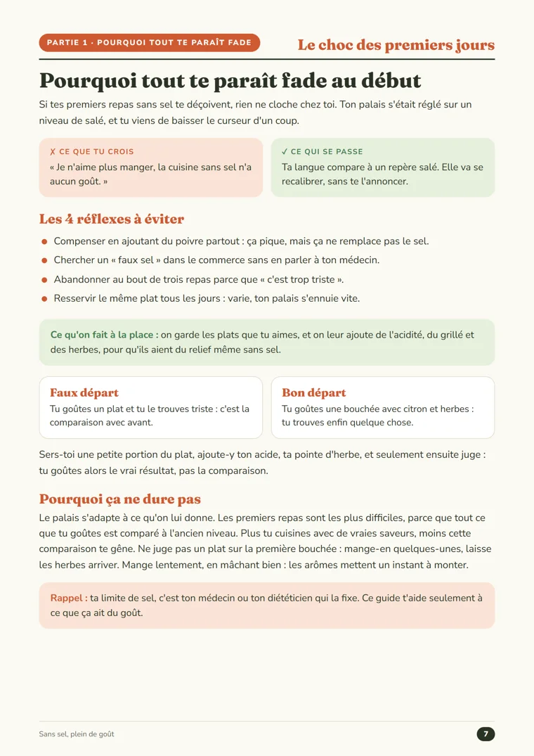 Une page de « Sans sel, plein de goût » : pourquoi tout te paraît fade et les cinq leviers